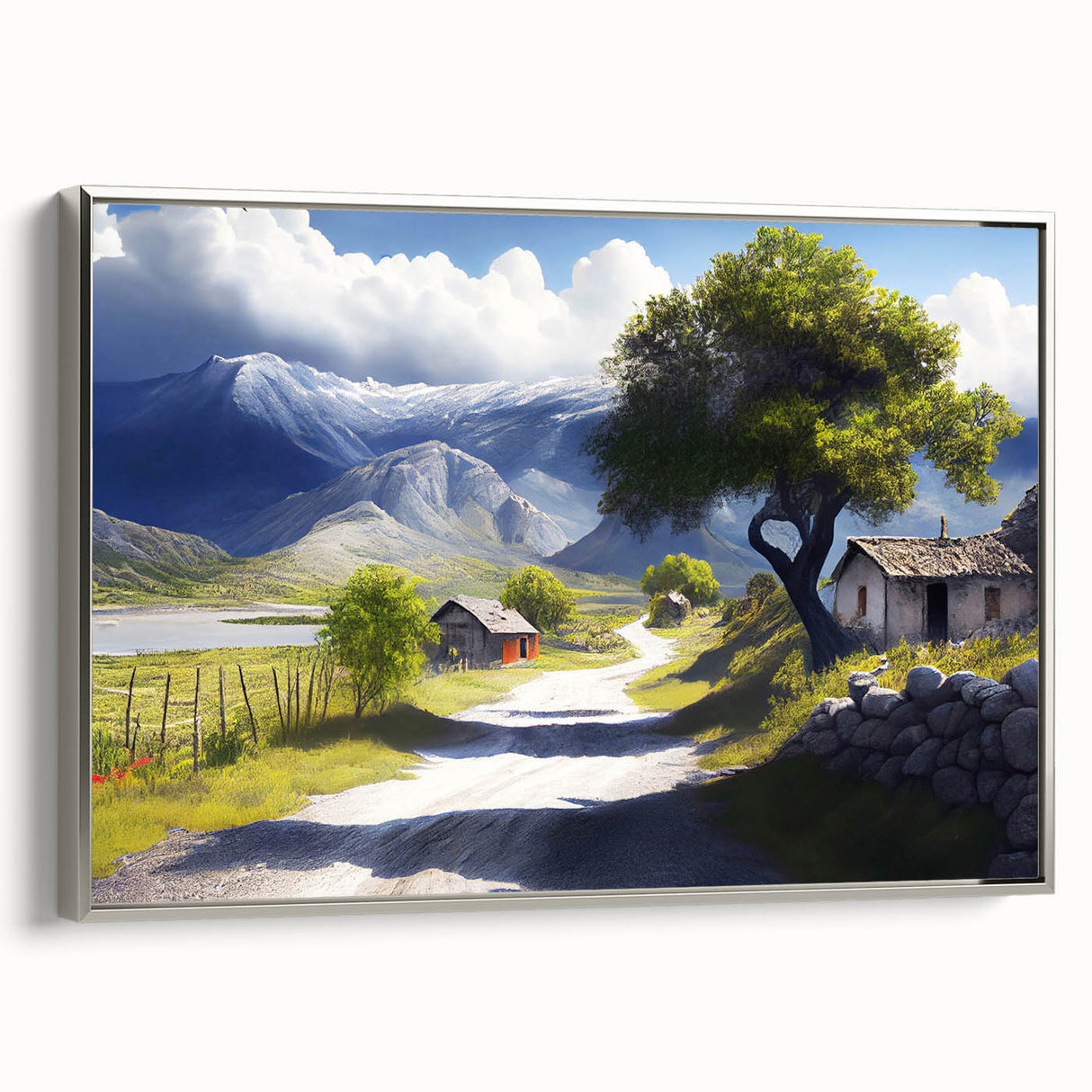 Landscape art painting of an Albanian scenery on framed canvas.