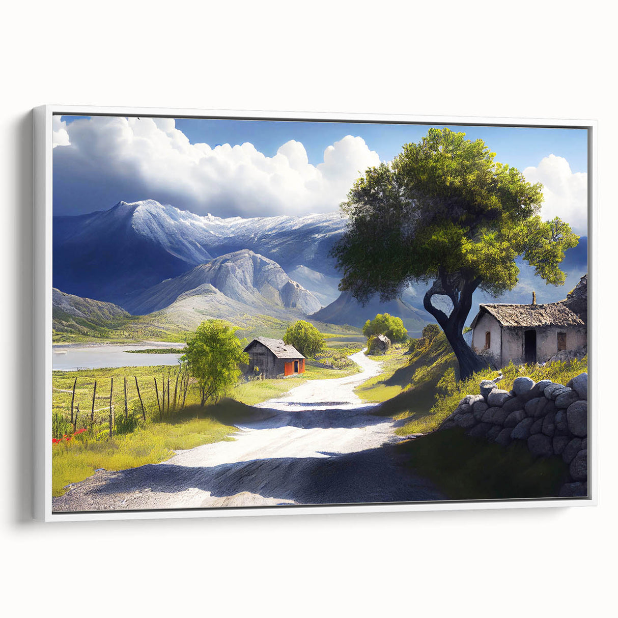 Vintage poster art of a scenic Albanian landscape on framed canvas, featuring vibrant colors, ideal for living room decor.