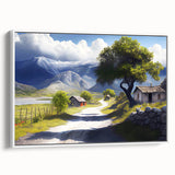Vintage poster art of a scenic Albanian landscape on framed canvas, featuring vibrant colors, ideal for living room decor.