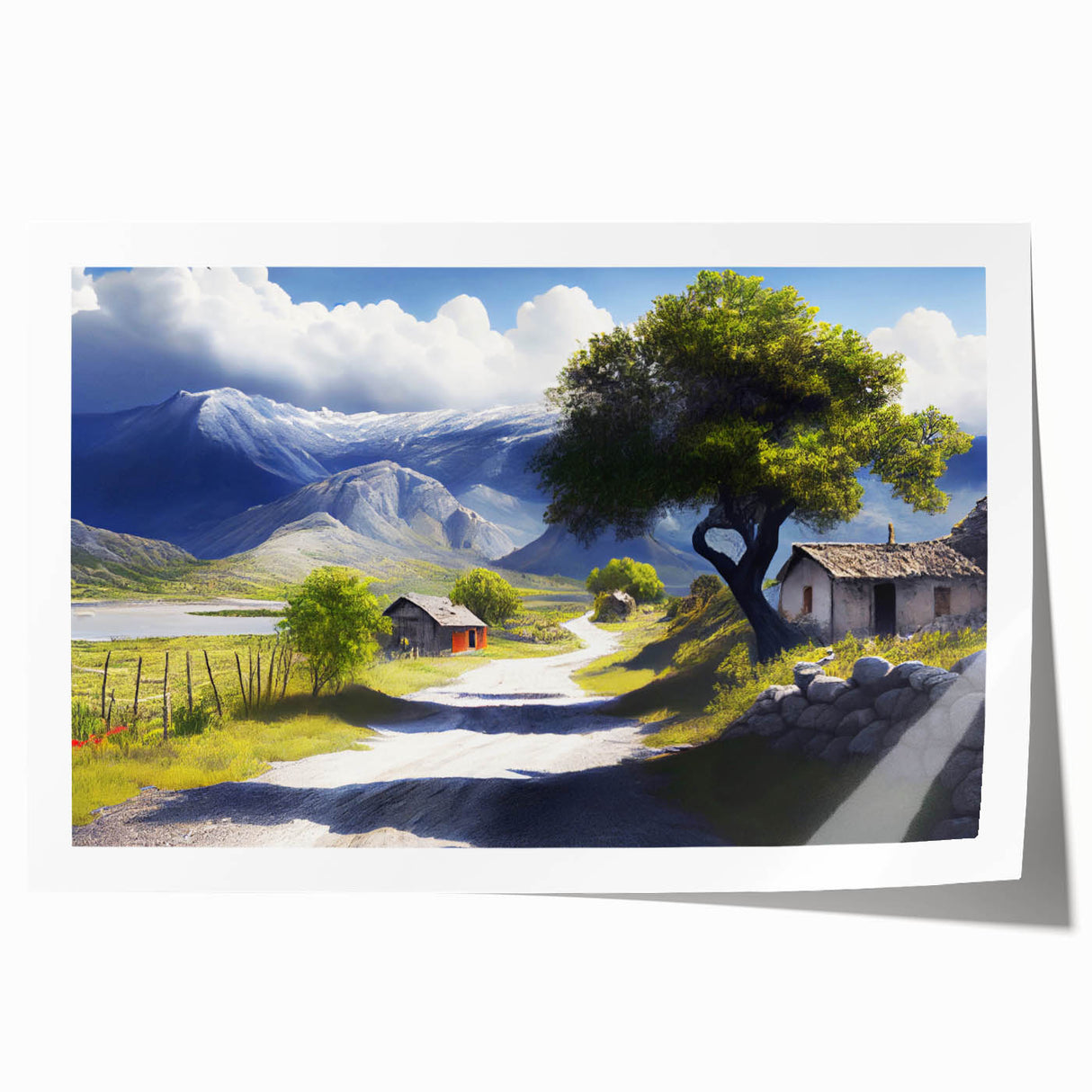 Extra large rolled print of a European Albanian landscape with vibrant greenery and floral elements.