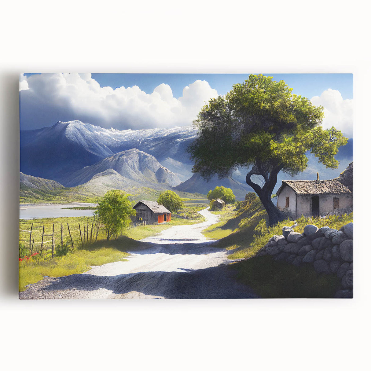 Black and white photo of an Albanian landscape on stretched canvas, ideal for kitchen wall art or bedroom decor.