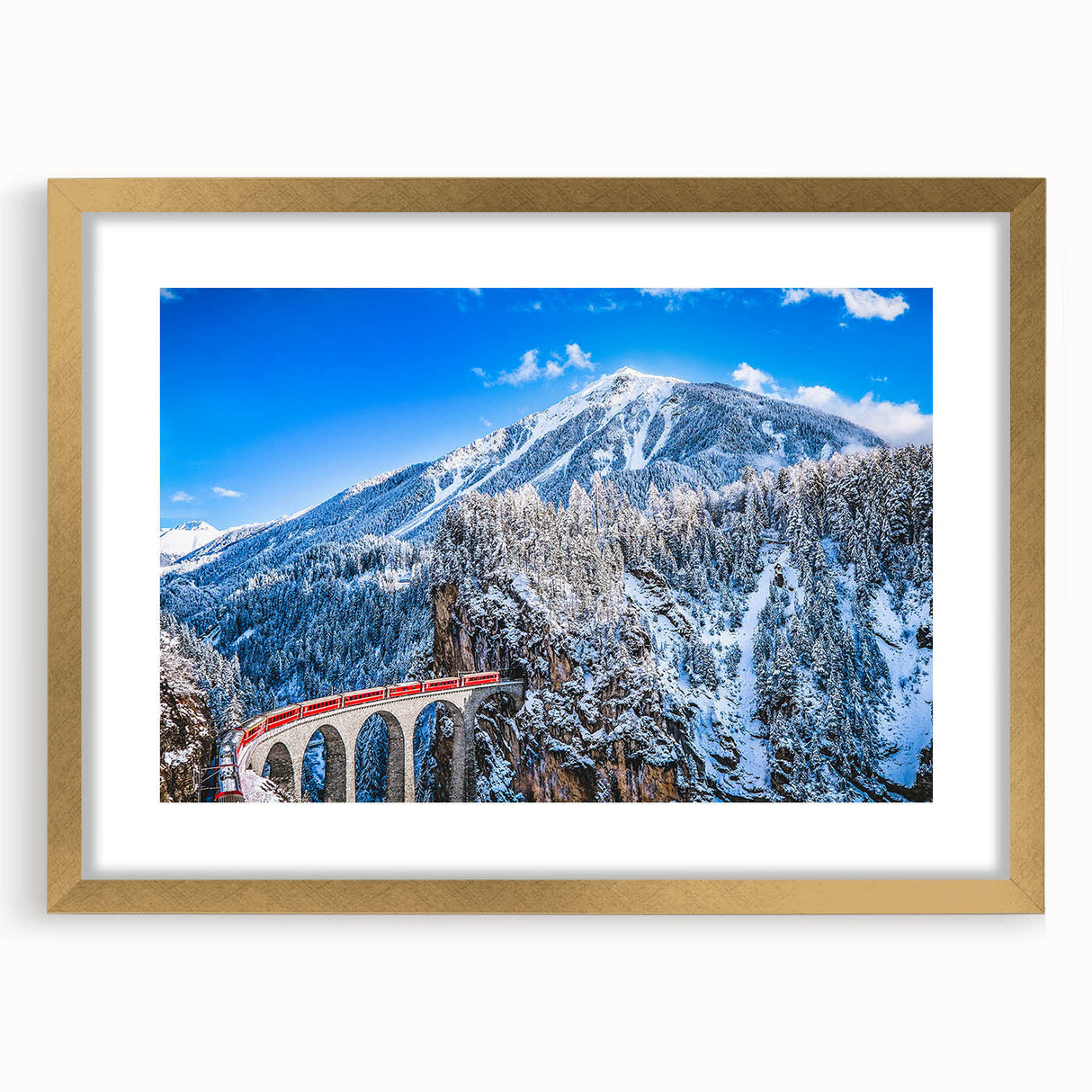 Abstract art print depicting a serene Austrian landscape in muted earth tones, framed in gold.