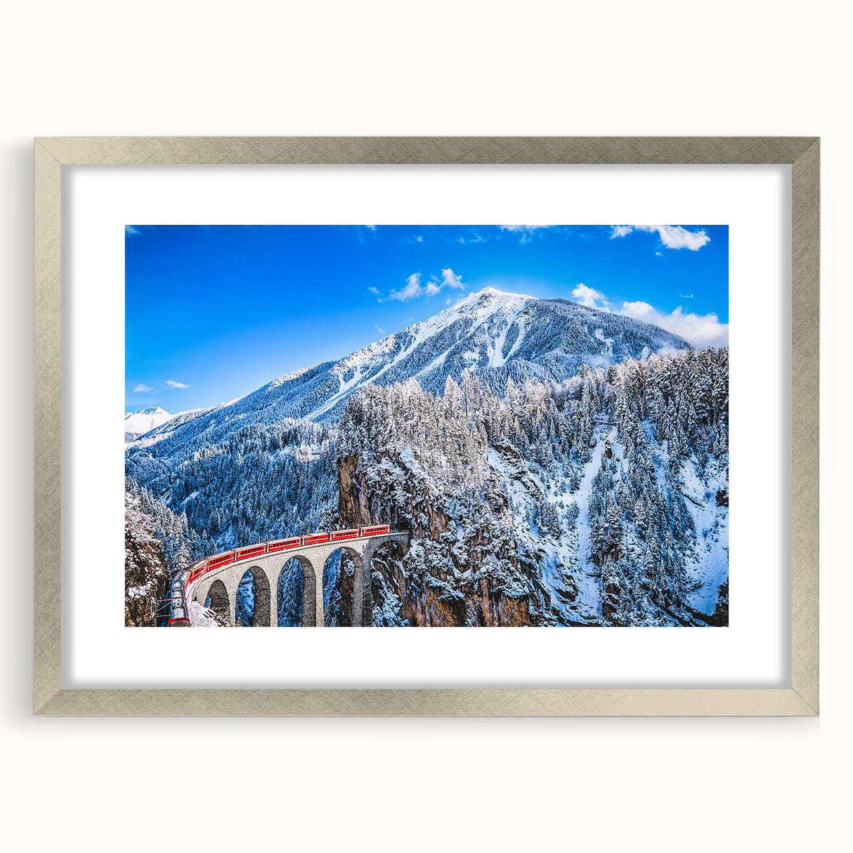 Extra large textured abstract art print depicting a European scenery in muted earth tones, framed in silver.