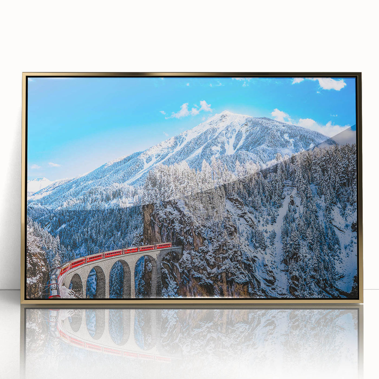 Art Deco poster of a European Austrian landscape in muted gold and brown tones, framed acrylic.