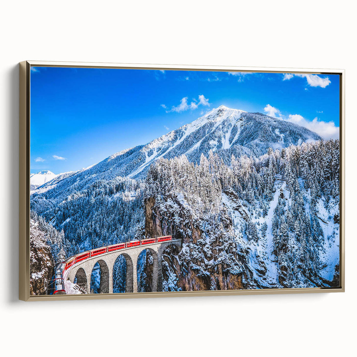 Framed canvas featuring a vintage-style landscape painting of an Austrian scenery in muted earth tones.