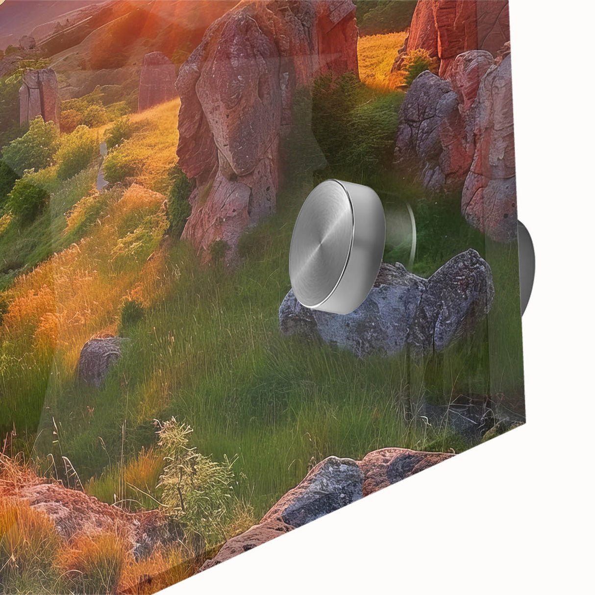 Large abstract wall art of a European scenery in muted earth tones on acrylic glass, suited for dining room ambiance.