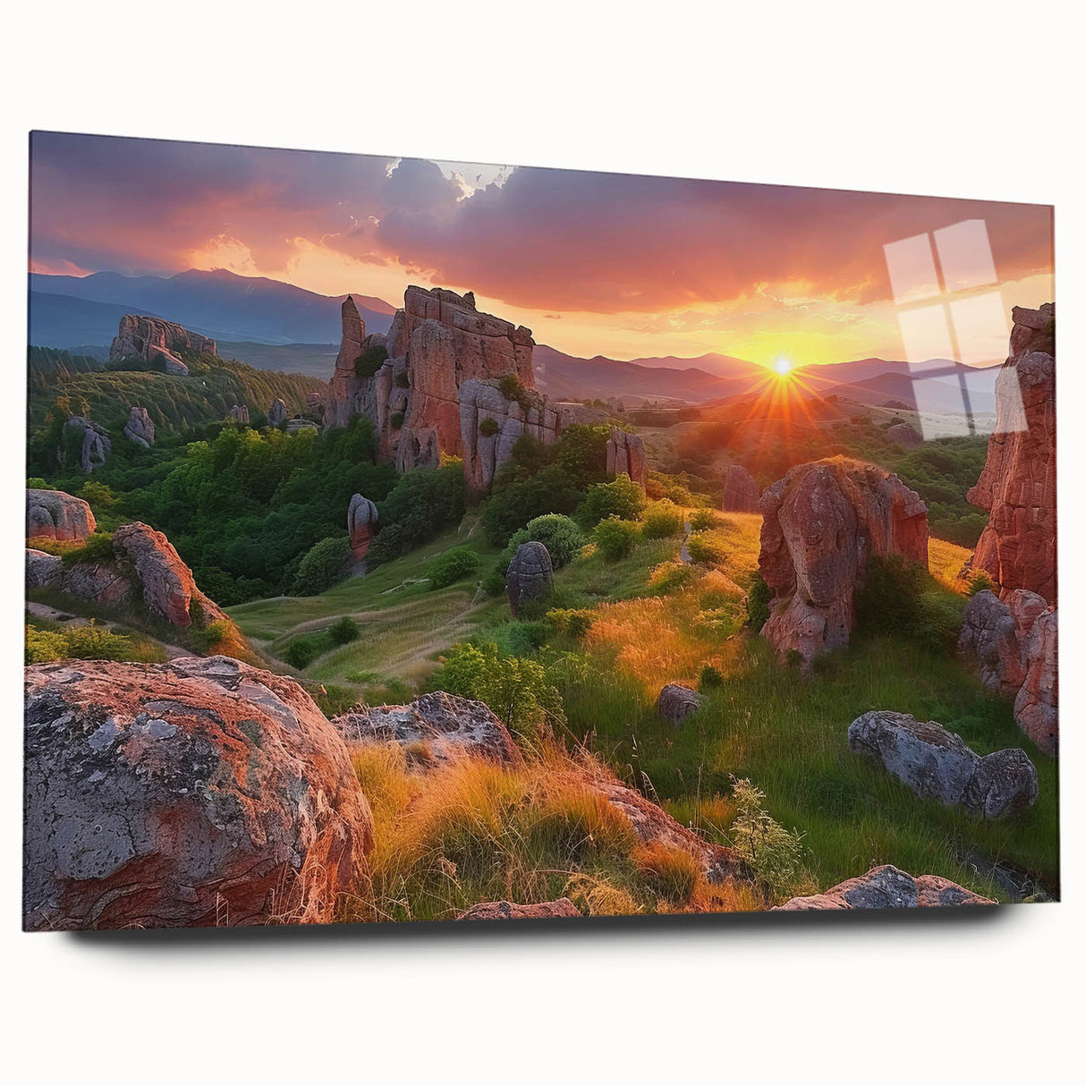 Large abstract wall art of a European scenery in muted earth tones on acrylic glass, ideal for bedroom or dining room decor.