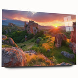 Large abstract wall art of a European scenery in muted earth tones on acrylic glass, ideal for bedroom or dining room decor.