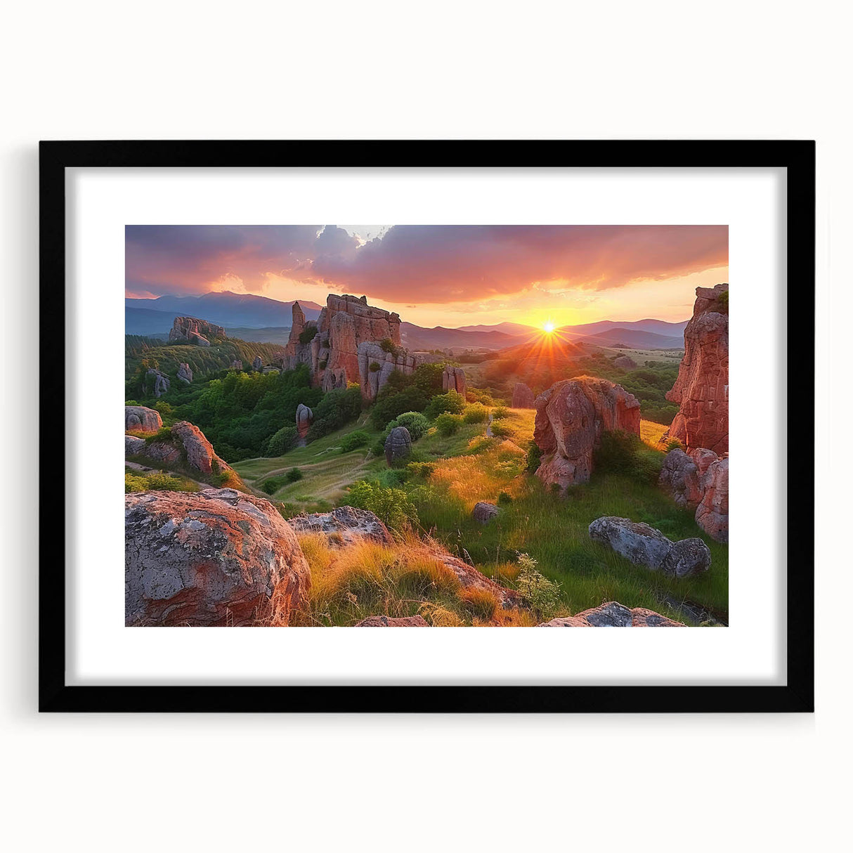Abstract art print of colorful, textured scenery depicting a Bulgarian landscape on a large black-framed canvas.