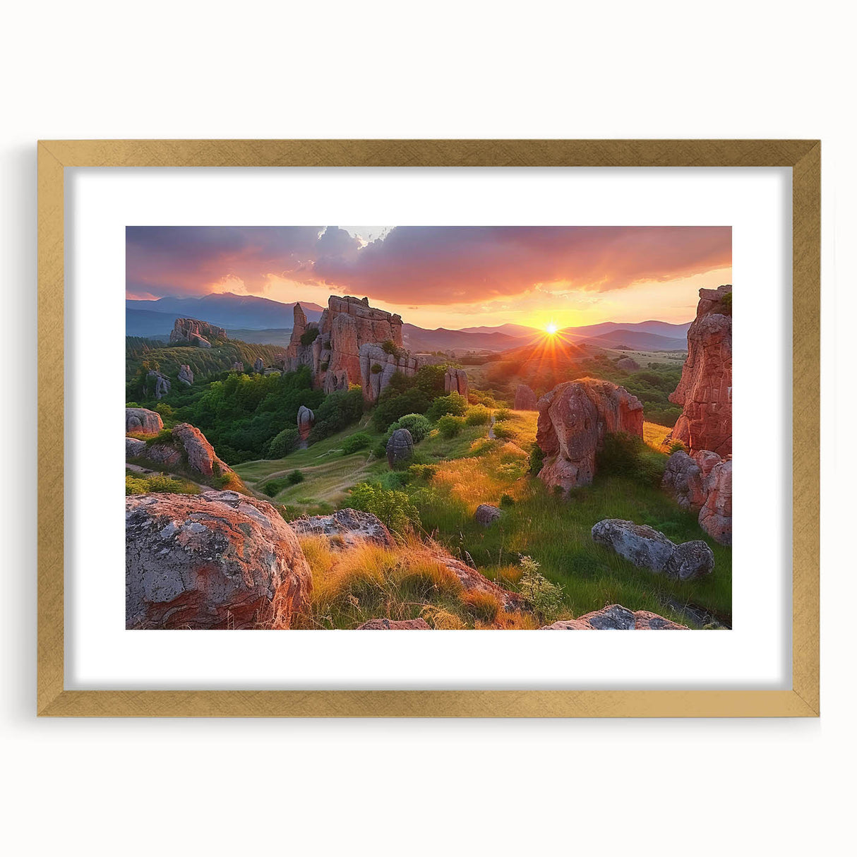 Abstract art print of a European landscape in muted earth tones, framed in gold, ideal for dining room decor.
