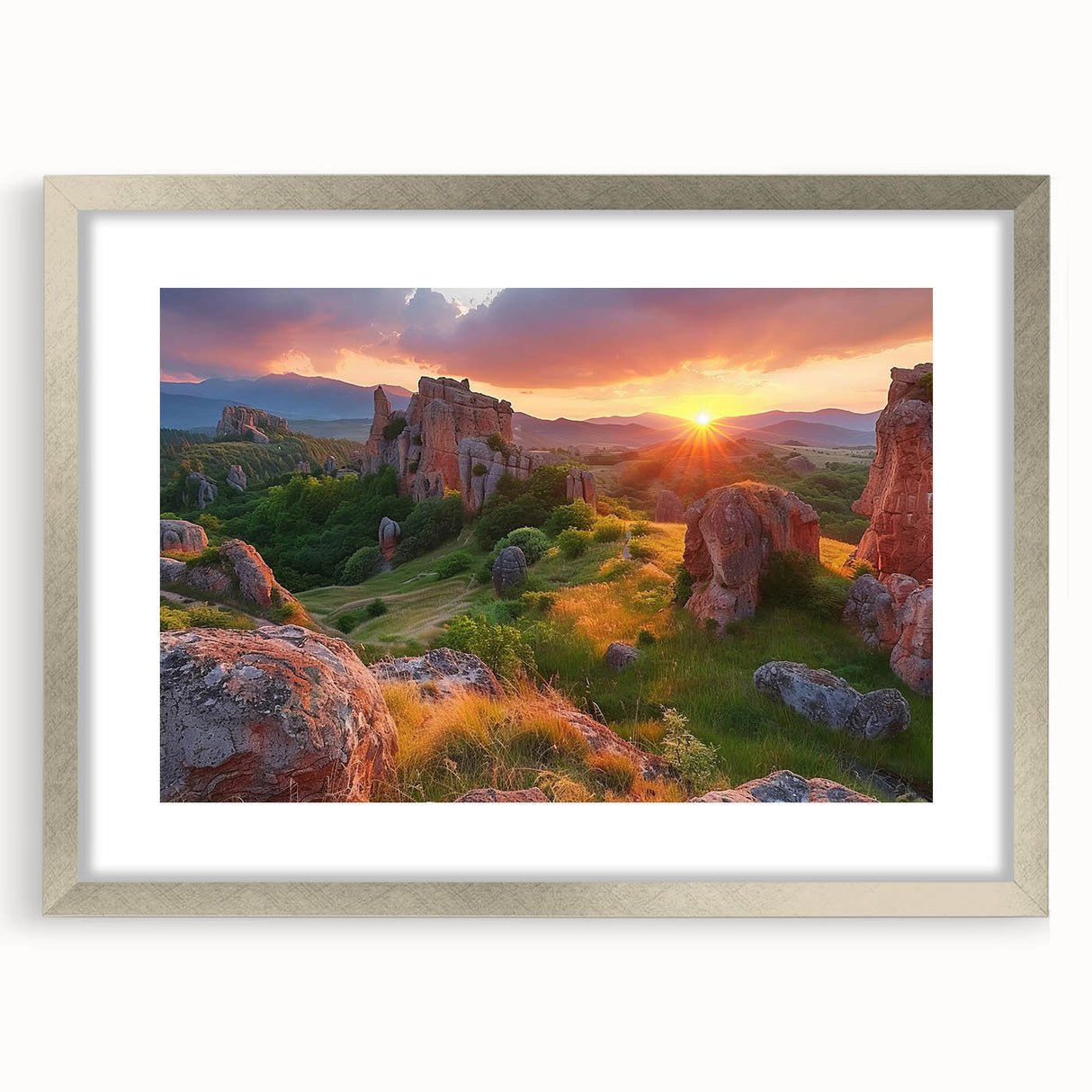 Extra large abstract art print of a textured European landscape in muted earth tones, framed in silver.