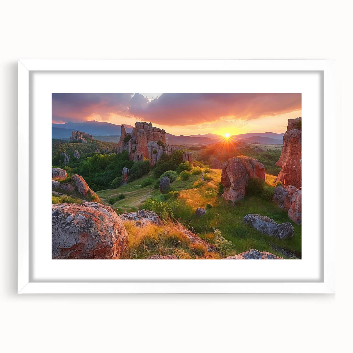 Textured abstract art print of a European scenery in muted earth tones, framed with a white mat, ideal for bedroom art.