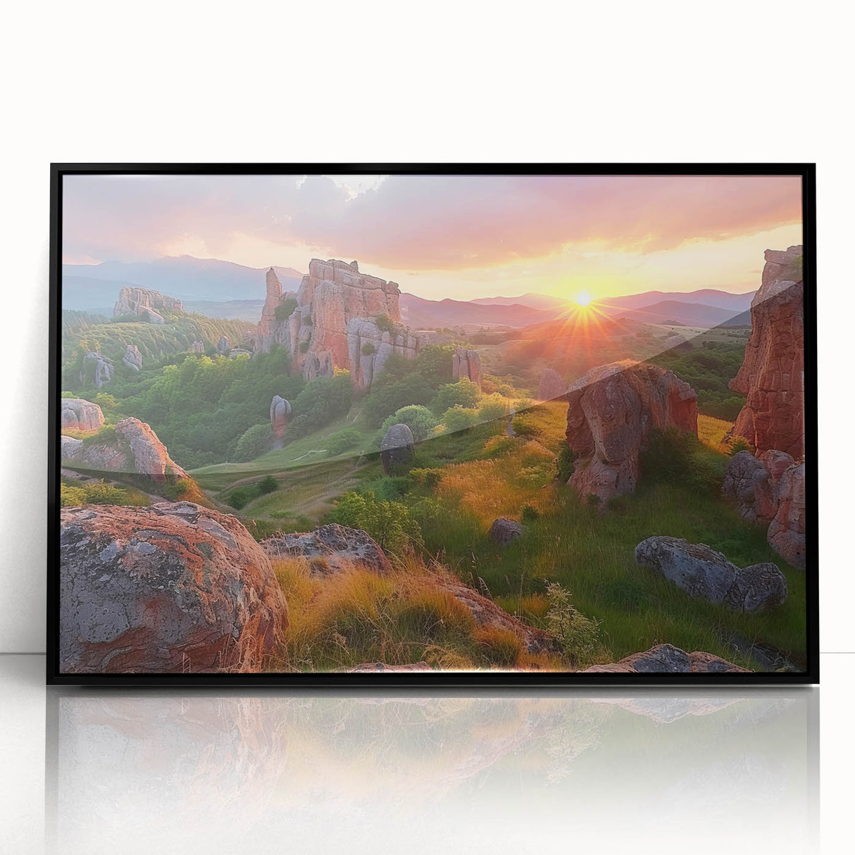 Large abstract wall art depicting a European Bulgarian scenery in muted earth tones, framed in black acrylic.