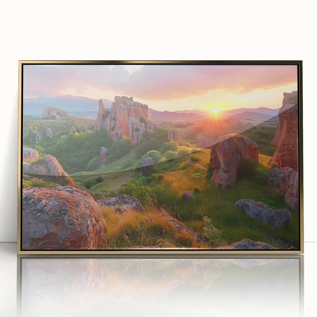 Art deco poster of a European Bulgarian landscape in gold acrylic frame, ideal for modern art wall decor.