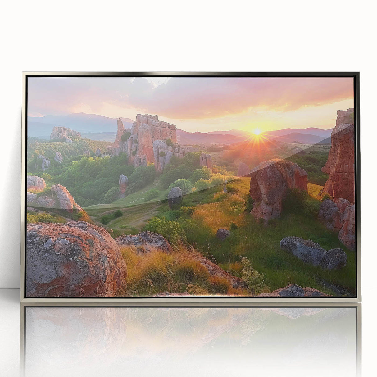 Large art print of a Bulgarian landscape in muted earth tones on a silver-framed acrylic, suitable for modern art wall decor.