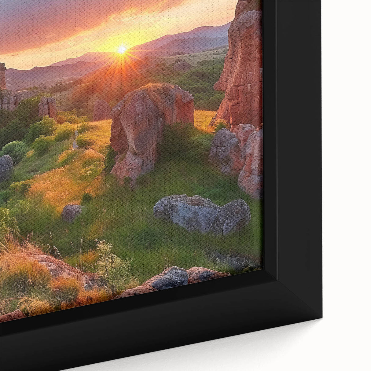 Extra large framed canvas featuring a textured depiction of a Bulgarian scenery in black with colorful accents.