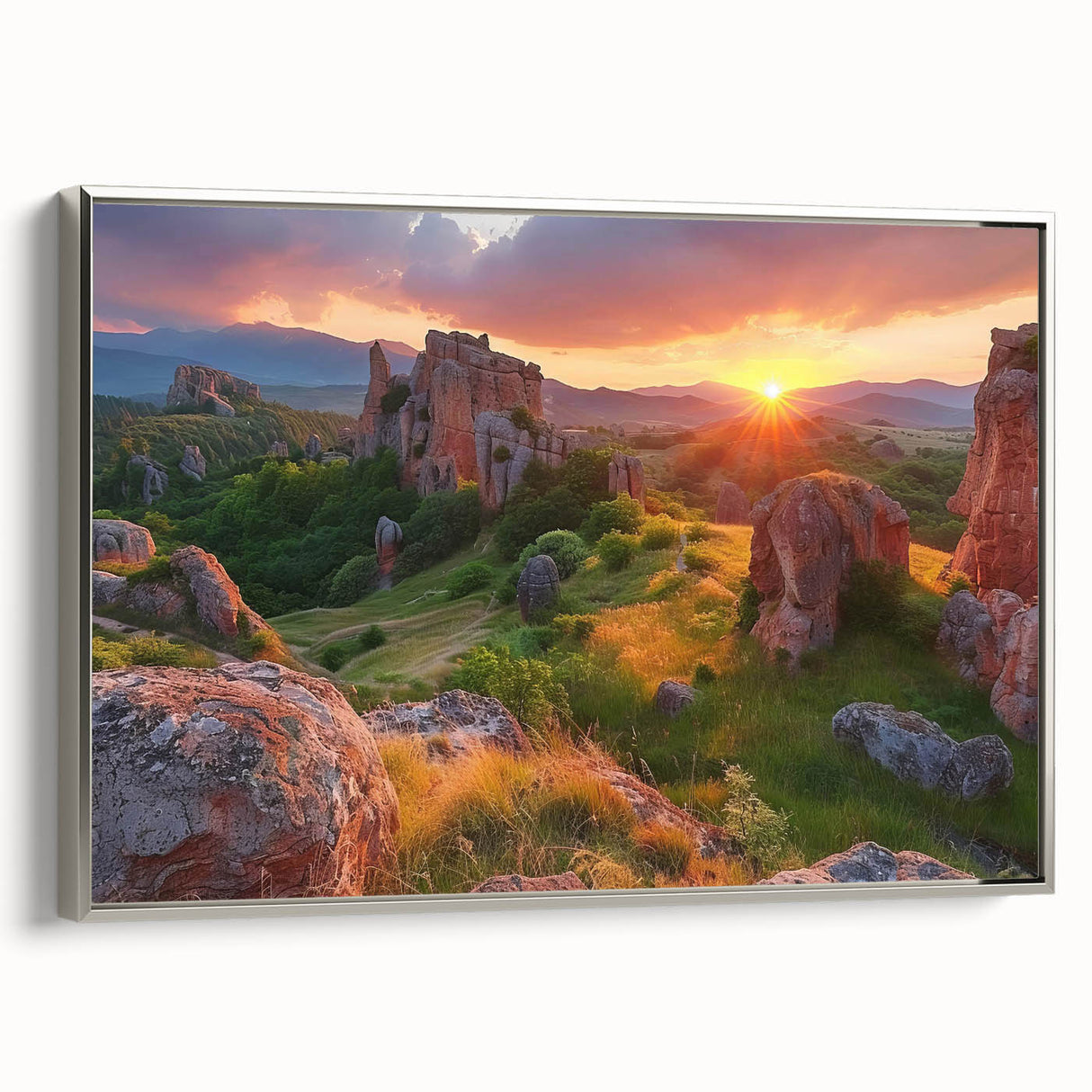 Landscape art painting of a Bulgarian scenery on a framed canvas, featuring muted colors with a vintage poster style.