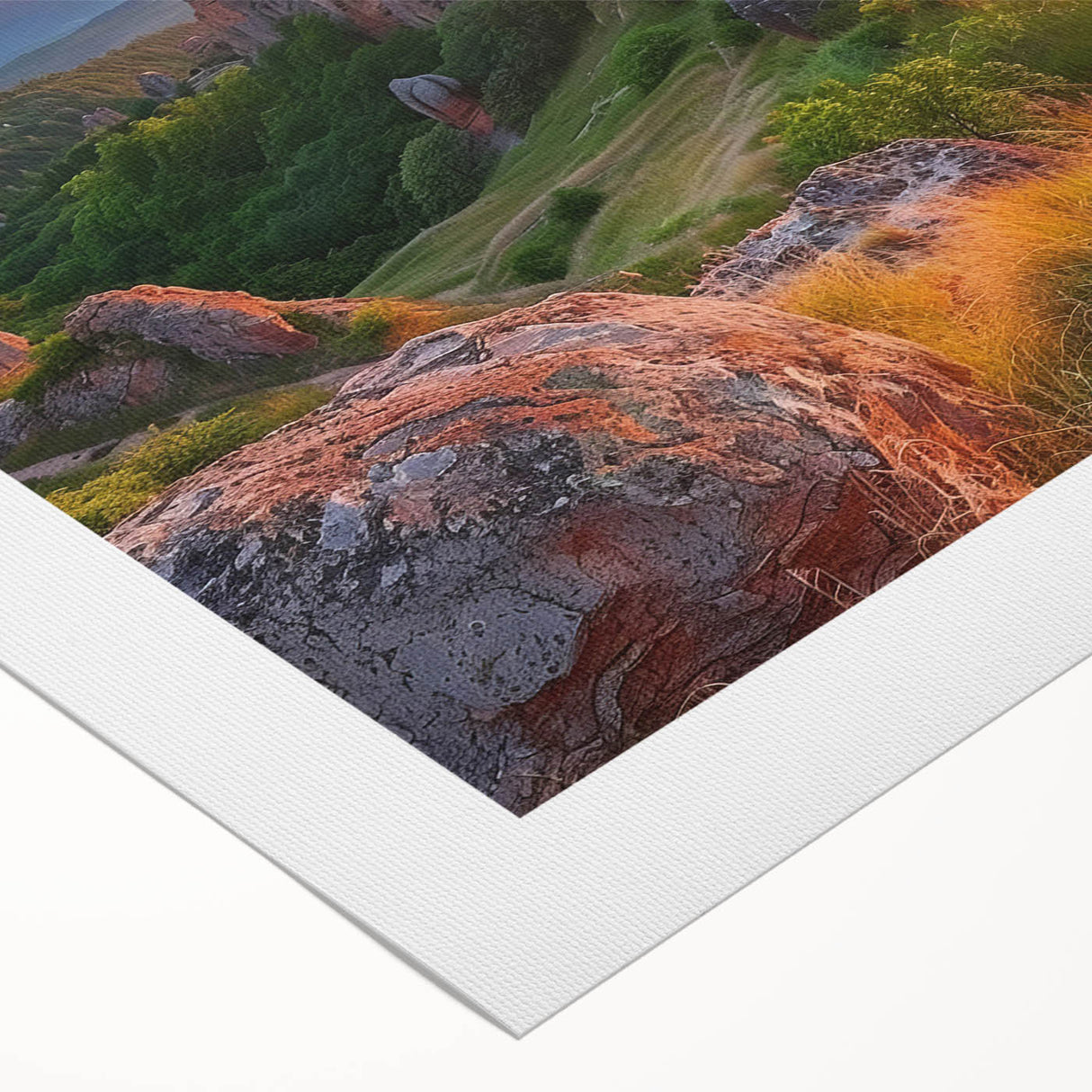 Art deco poster featuring a serene Bulgarian landscape in soft pastel shades on rolled canvas.