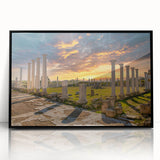 Large abstract wall art depicting a European Cyprus landscape in muted earth tones, framed in black acrylic.