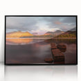 Large abstract wall art depicting a serene Cumbrian landscape in muted green and blue tones, framed in black acrylic.