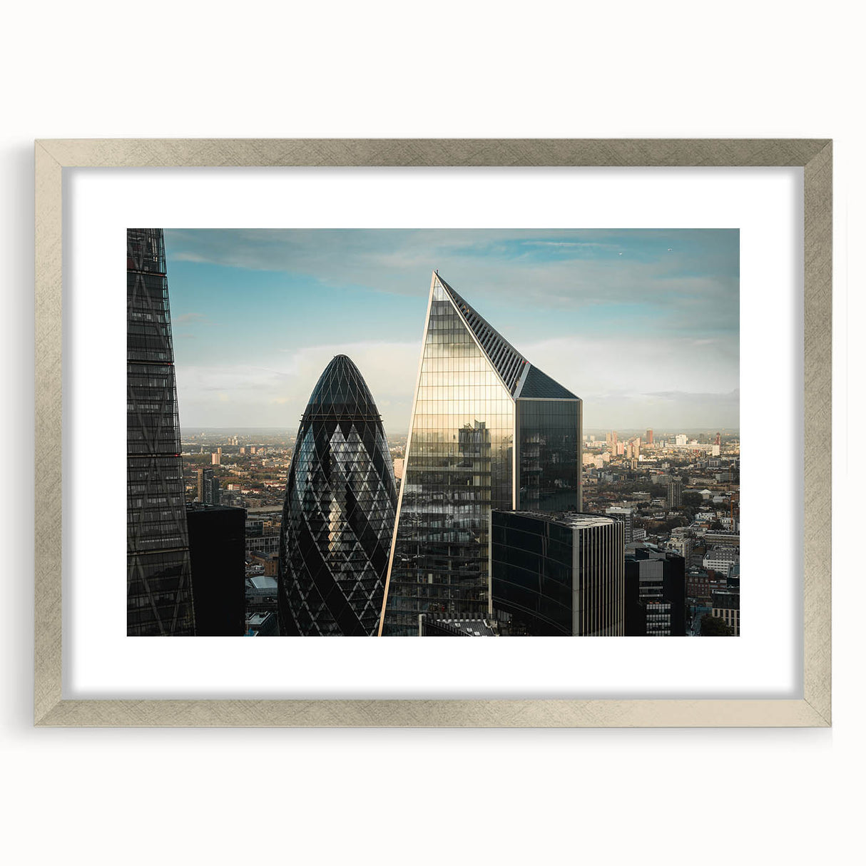 Extra large abstract art print of a textured London skyline in muted gray and silver tones, framed with a silver mat.