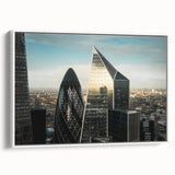 Vintage poster art of London scenery on framed canvas, featuring colorful art with black accents.