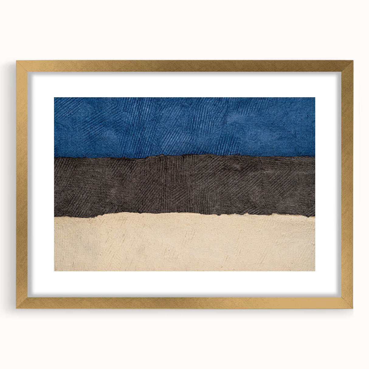 Abstract art print of a European landscape in muted green and blue tones, framed in gold, suitable for dining room decor.