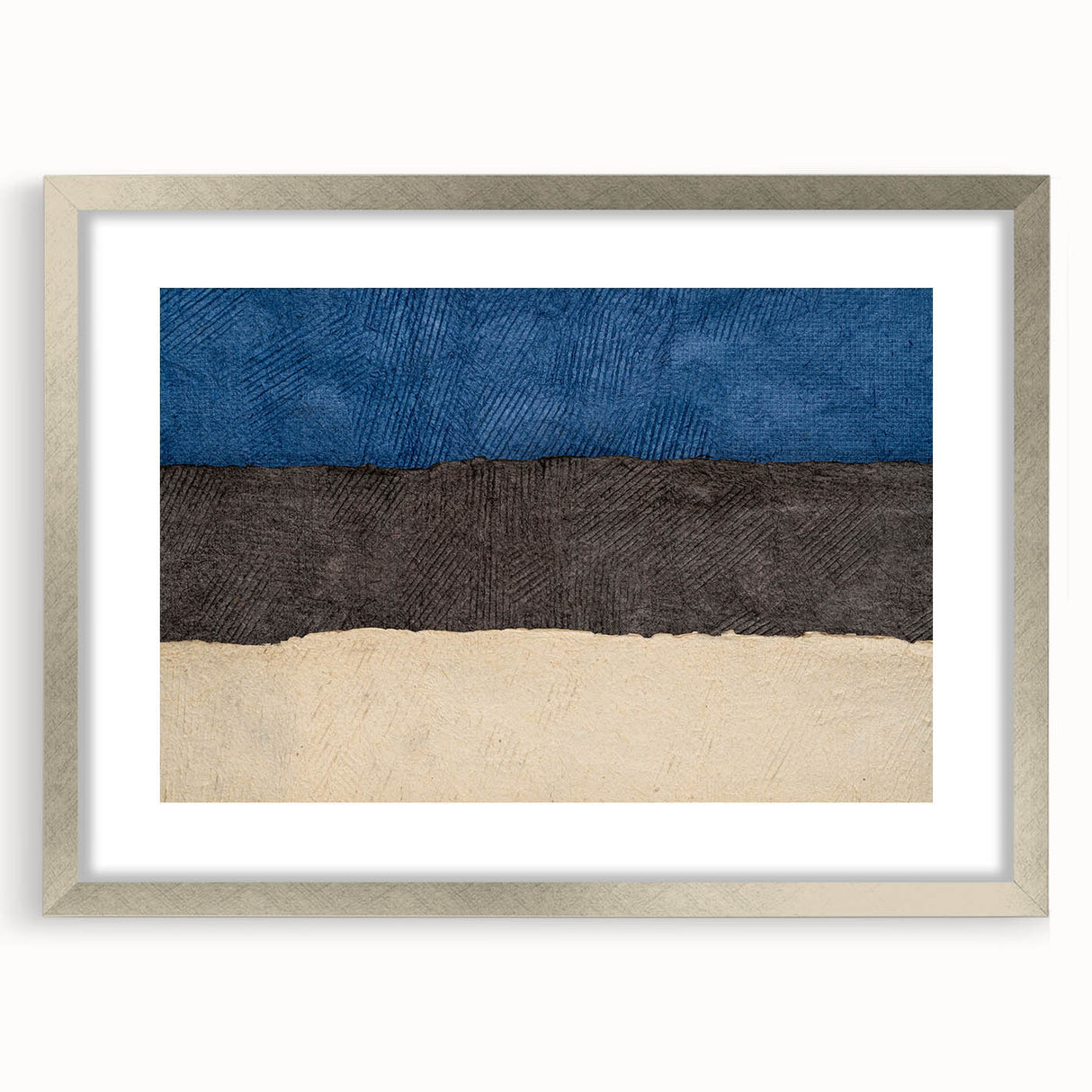 Extra large abstract art print of a European scenery in Estonia, featuring textured silver frame with mat.