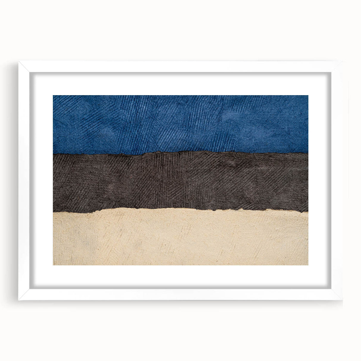 Textured art of abstract European scenery in muted earth tones on a framed white mat, suitable for bedroom decor.