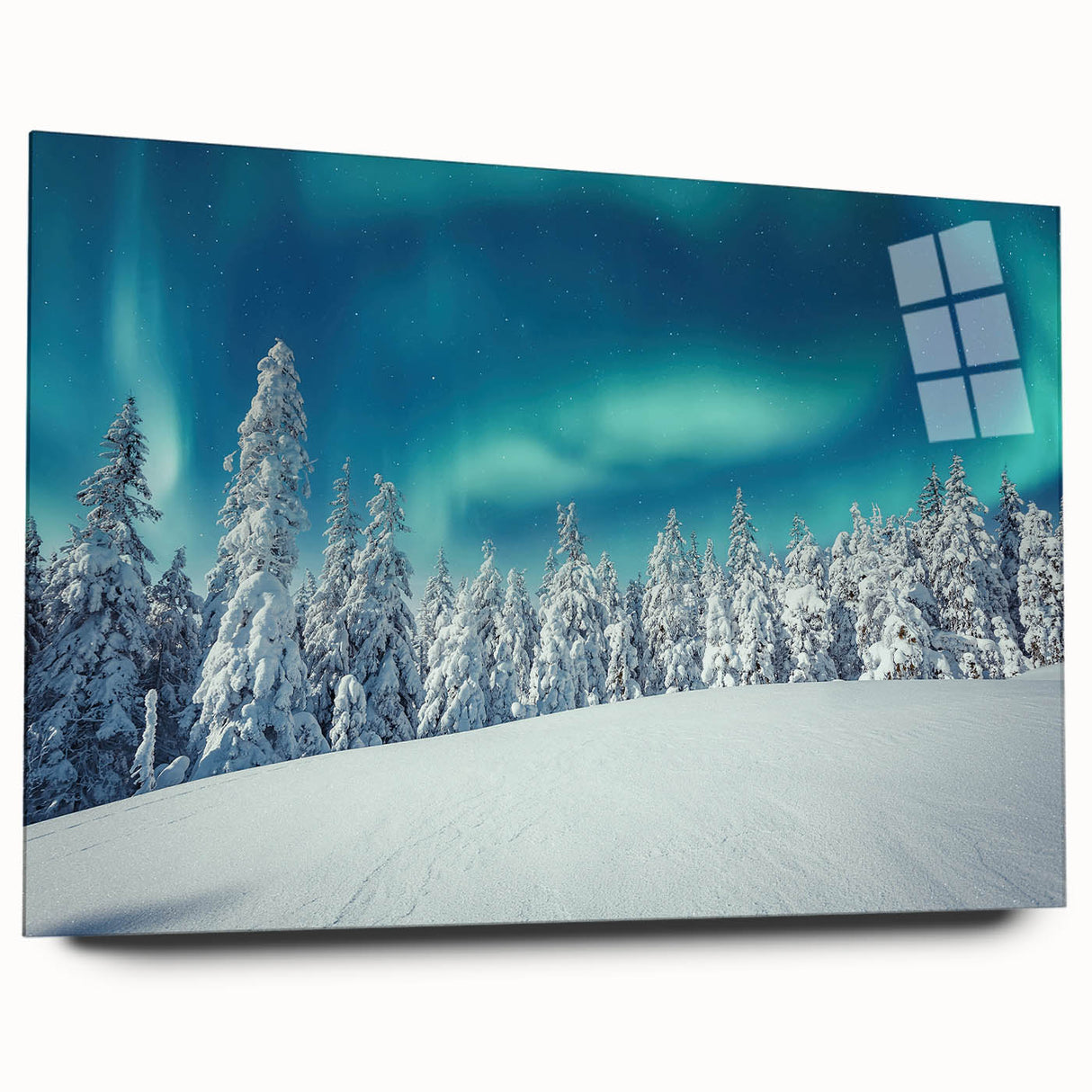 Acrylic print of a serene Finnish landscape in muted blues and greens, ideal for bedroom or dining room art.