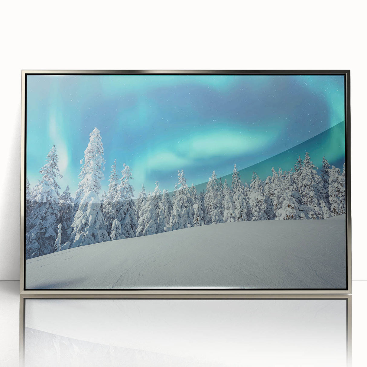 Mid-century modernist art of a serene Finnish landscape on framed acrylic, featuring soft blues and greens.