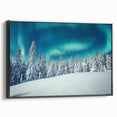Black and white wall art featuring a vintage poster-style landscape of Finland on framed canvas, ideal for bedroom decor.