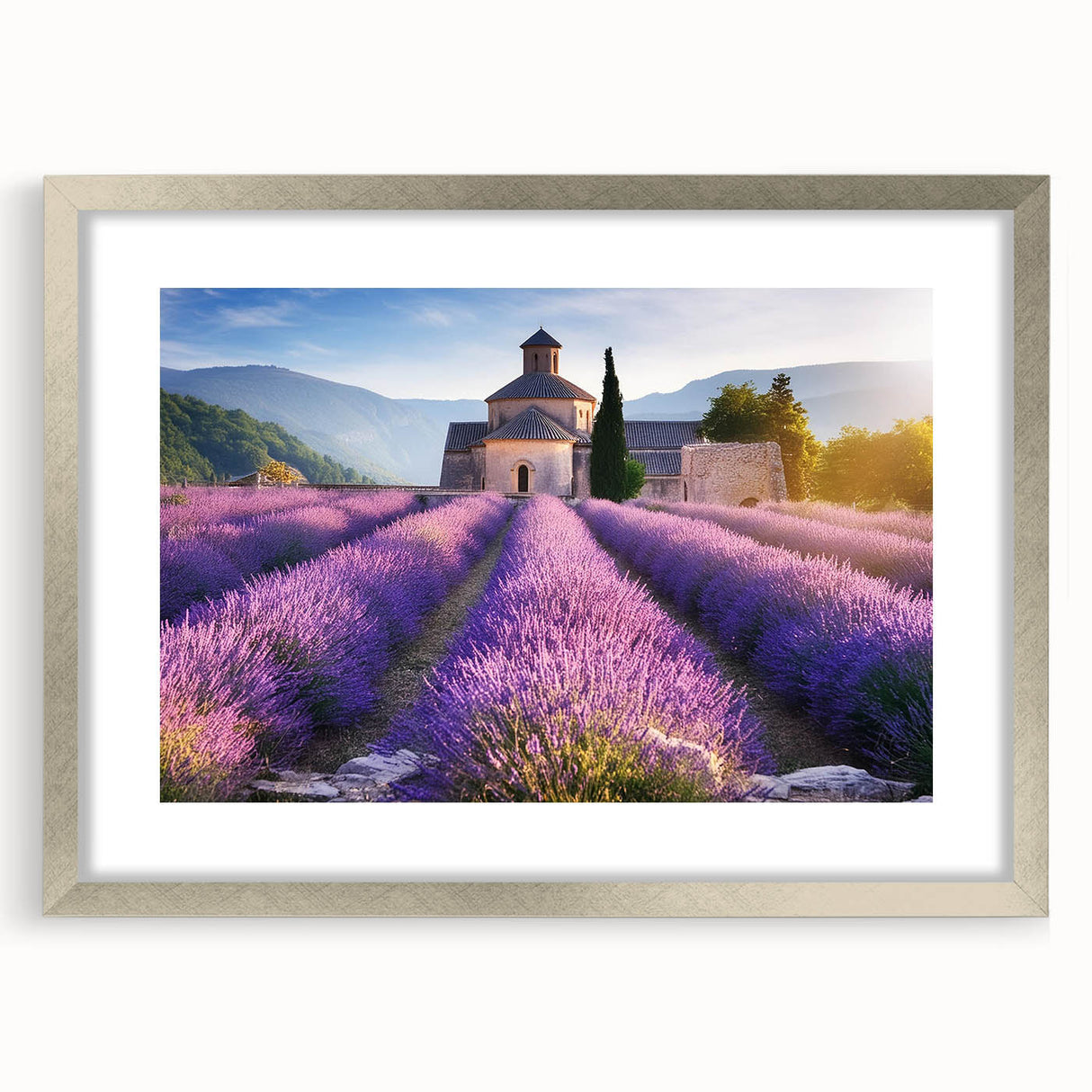 Extra large abstract art print of Provence scenery in muted colors on textured canvas, framed in silver.