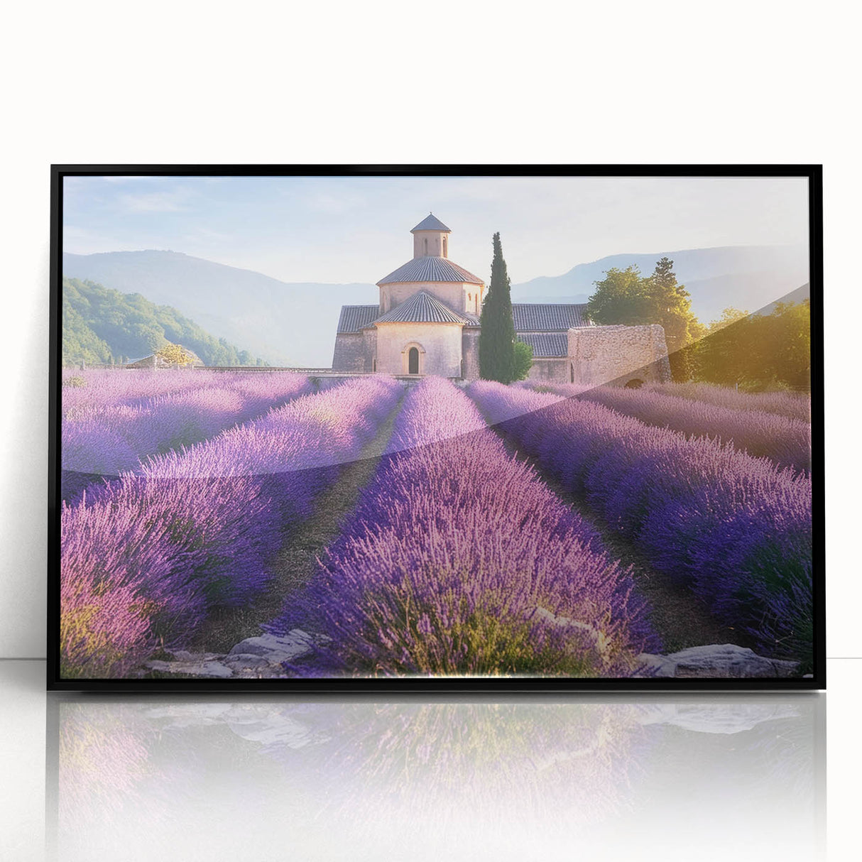 Large abstract wall art depicting a serene Provence landscape in muted earth tones, framed in black acrylic.