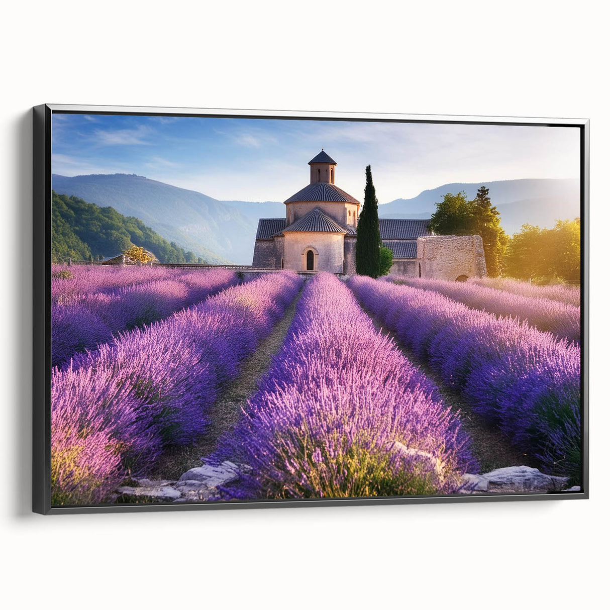 Black and white vintage poster art of a Provence landscape on framed canvas, suitable for bedroom wall decor.