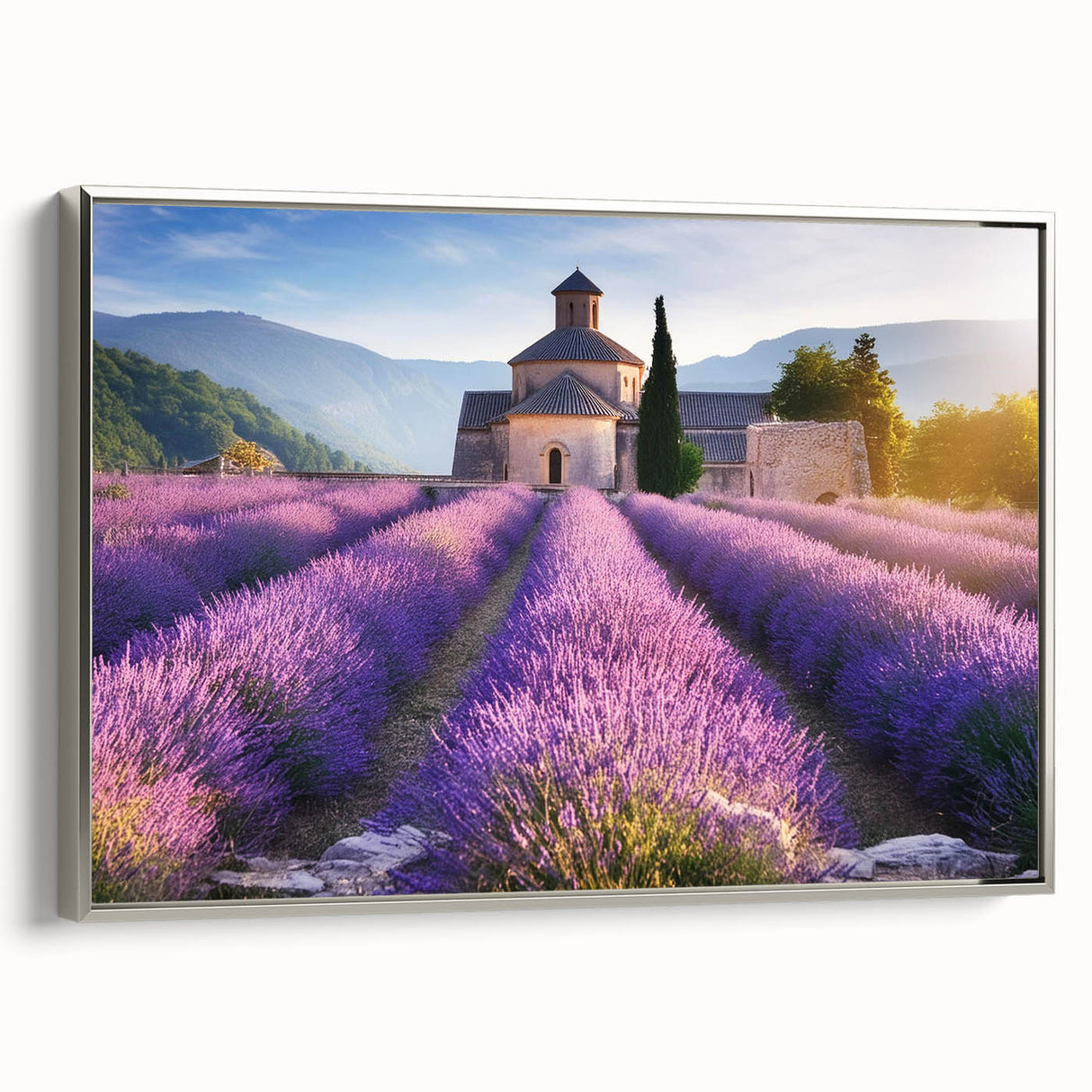 Colorful landscape art painting of Provence on framed canvas, ideal for adding a vintage touch to any room.