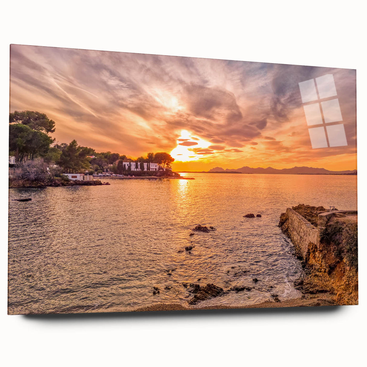 Large abstract wall art depicting a scenic South France landscape, in muted earth tones on acrylic glass.
