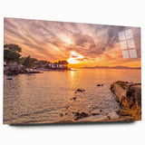 Large abstract wall art depicting a scenic South France landscape, in muted earth tones on acrylic glass.