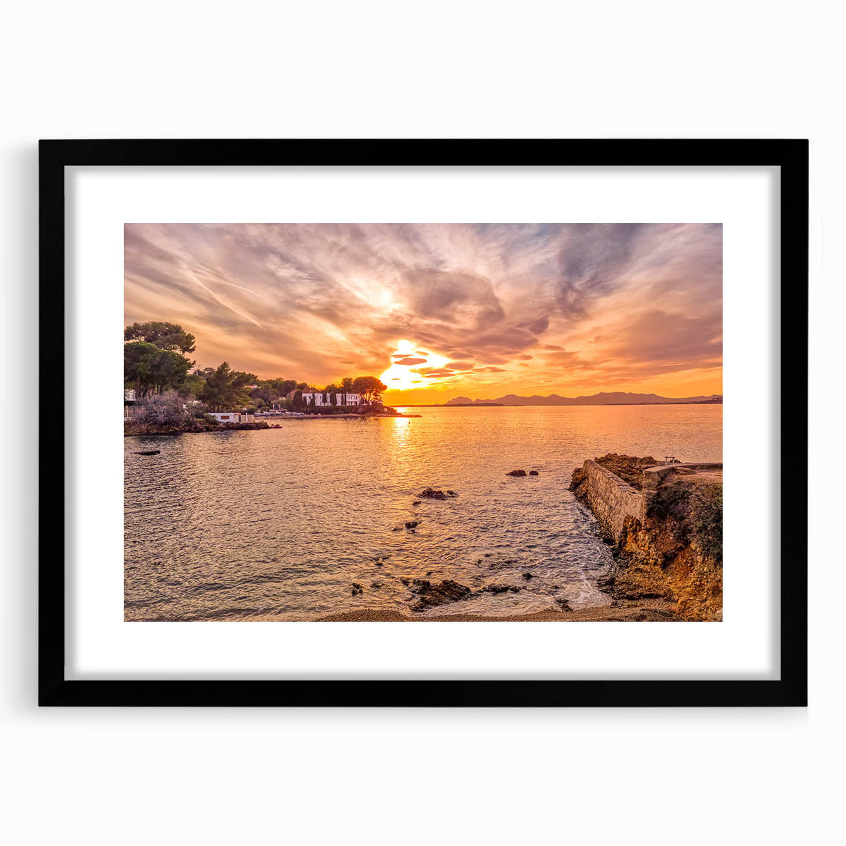 Extra large, textured abstract art print of colorful European scenery in a black frame, ideal for living room decor.