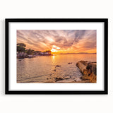 Extra large, textured abstract art print of colorful European scenery in a black frame, ideal for living room decor.
