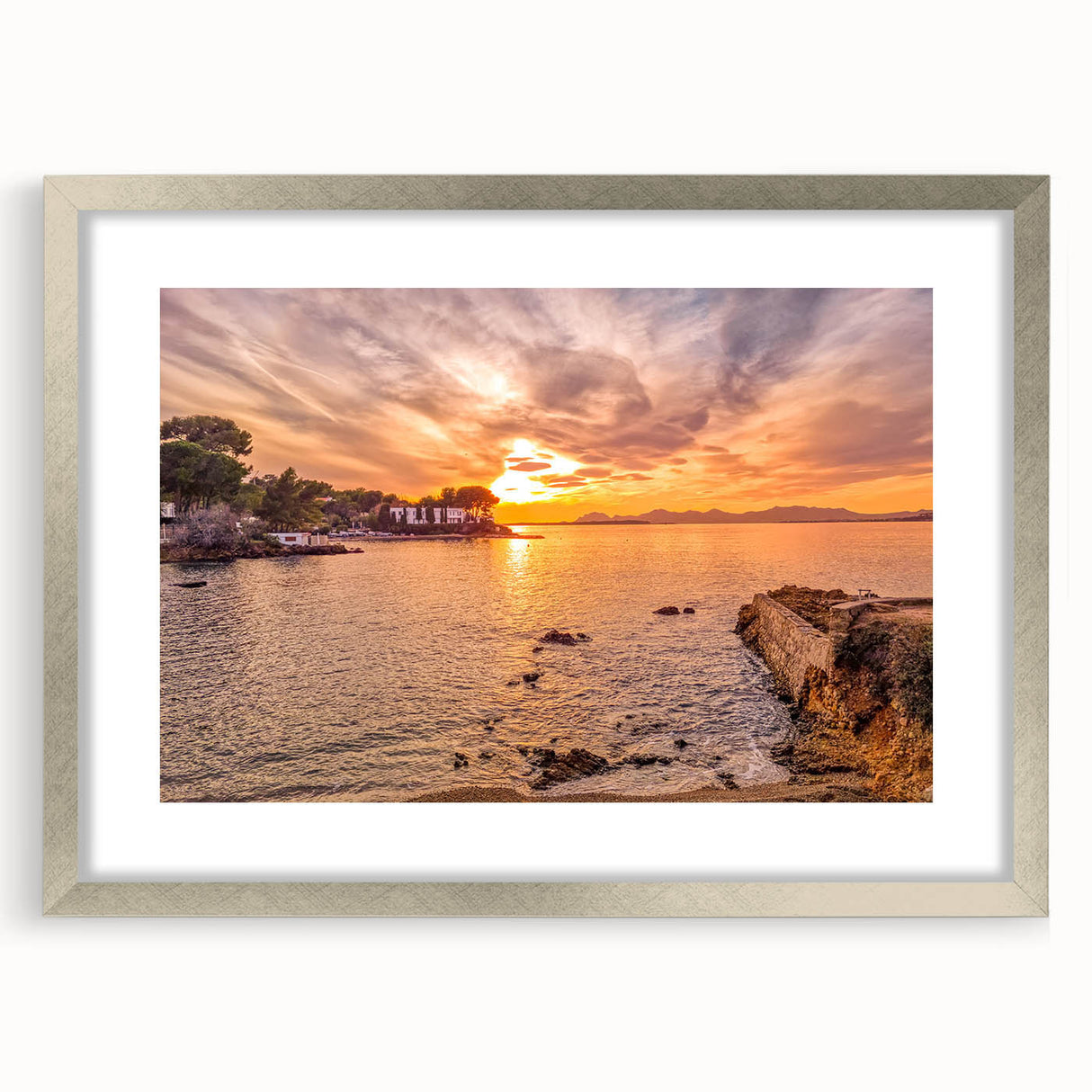 Extra large abstract art print of a textured European scenery in muted earth tones, framed in silver.