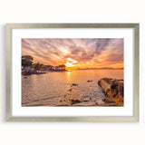 Extra large abstract art print of a textured European scenery in muted earth tones, framed in silver.
