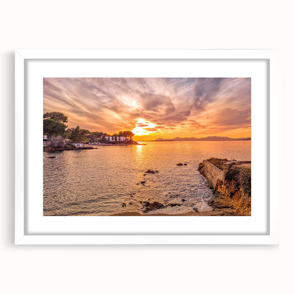 Textured art of a Southern France landscape in muted earth tones on a framed white mat, ideal for bedroom art.