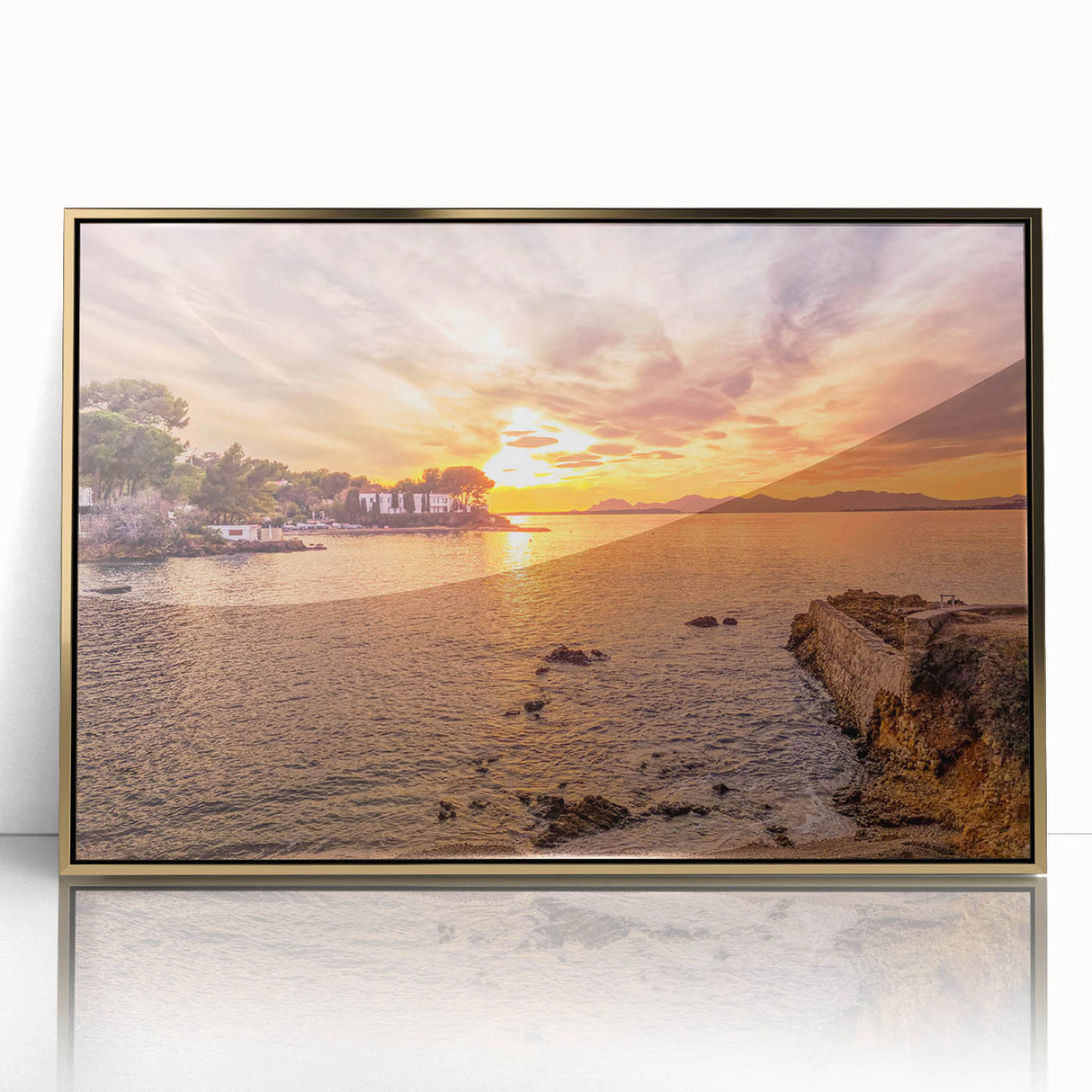 Art Deco poster of a South France scenery in muted gold and blue tones on framed acrylic, suitable for modern art wall decor.