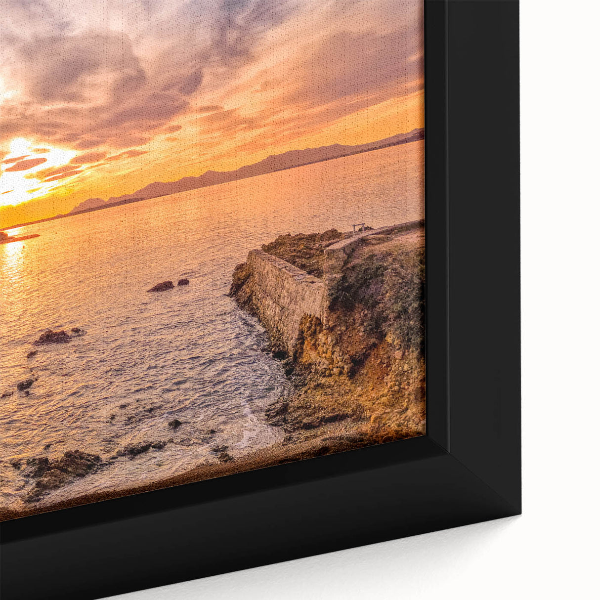 Black wall art featuring a textured, colorful European village scene on a framed canvas, ideal for living room decor.
