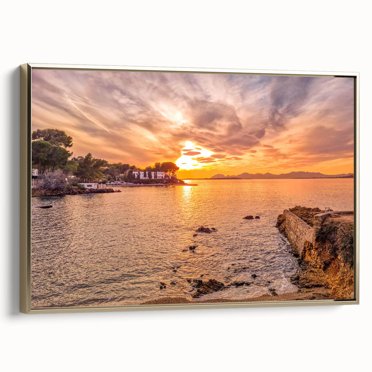 Framed canvas of a vintage-style landscape painting depicting a serene South France scenery in muted earth tones.