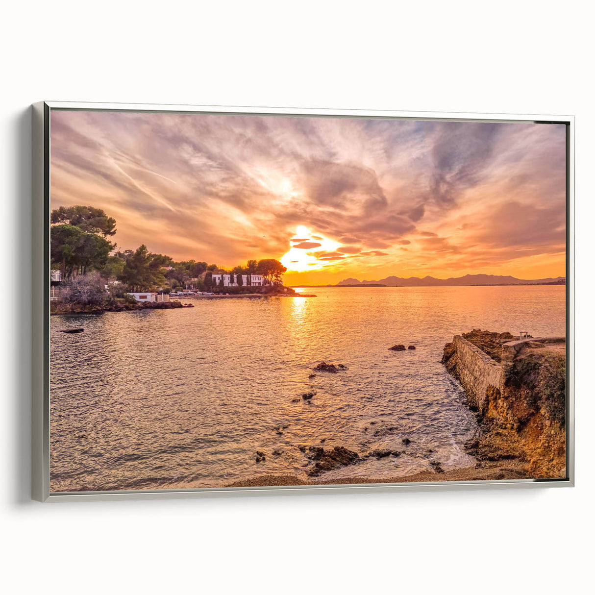 Framed canvas landscape art painting of a vintage French scenery in vibrant colorful tones, ideal for living room decor.