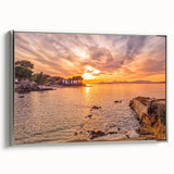 Framed canvas landscape art painting of a vintage French scenery in vibrant colorful tones, ideal for living room decor.