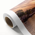 Art deco poster of a serene French southern landscape in pastel blues and greens on rolled canvas.