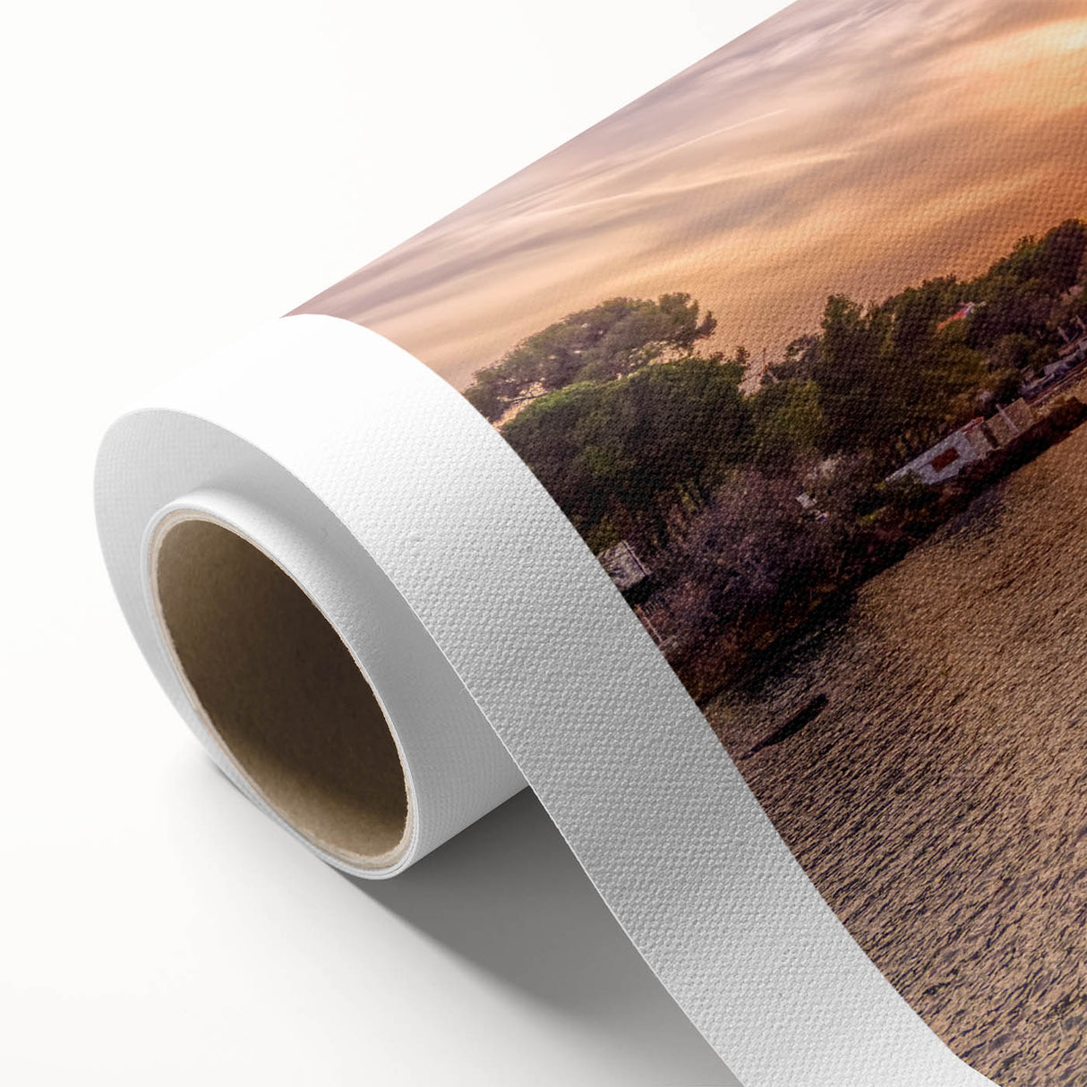 Art deco poster of a serene French southern landscape in pastel blues and greens on rolled canvas.